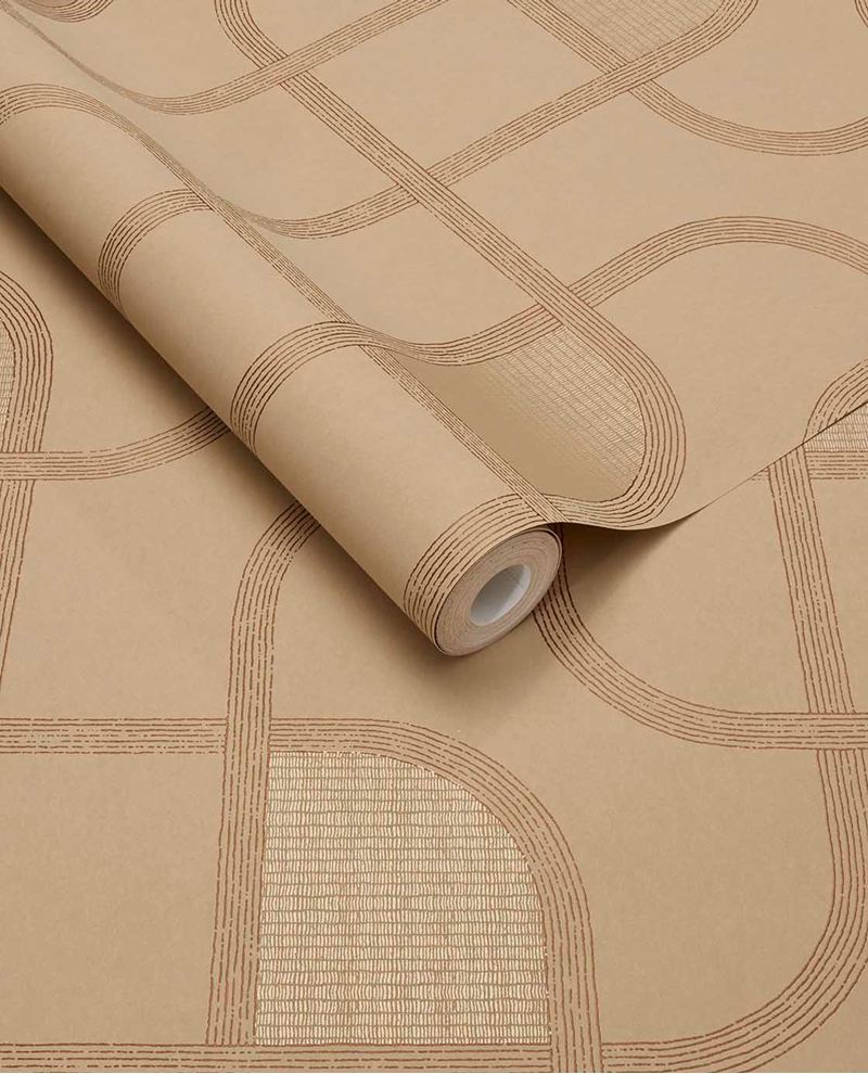 Looping Line wallpaper by Eijffinger in caramel tan with tonal looping line motif, rolled product shot