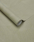 Raked Sand wallpaper by Eijffinger in soft sage green, Zen raked-sand combed wave relief texture, rolled product shot