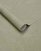 Raked Sand wallpaper by Eijffinger in soft sage green, Zen raked-sand combed wave relief texture, rolled product shot