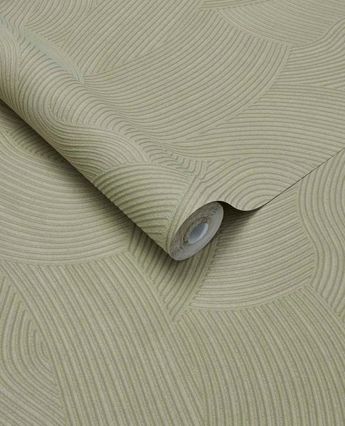 Raked Sand wallpaper by Eijffinger in soft sage green, Zen raked-sand combed wave relief texture, rolled product shot