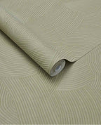 Raked Sand wallpaper by Eijffinger in soft sage green, Zen raked-sand combed wave relief texture, rolled product shot