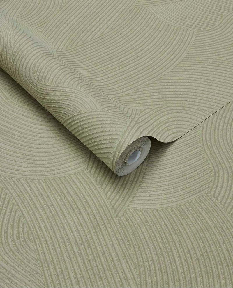 Raked Sand wallpaper by Eijffinger in soft sage green, Zen raked-sand combed wave relief texture, rolled product shot