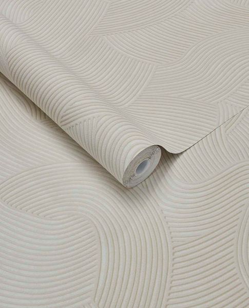 Raked Sand wallpaper by Eijffinger in linen cream, raked-sand combed wave relief texture, rolled product shot