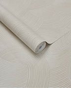 Raked Sand wallpaper by Eijffinger in linen cream, raked-sand combed wave relief texture, rolled product shot