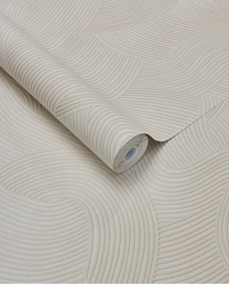 Raked Sand wallpaper by Eijffinger in linen cream, raked-sand combed wave relief texture, rolled product shot
