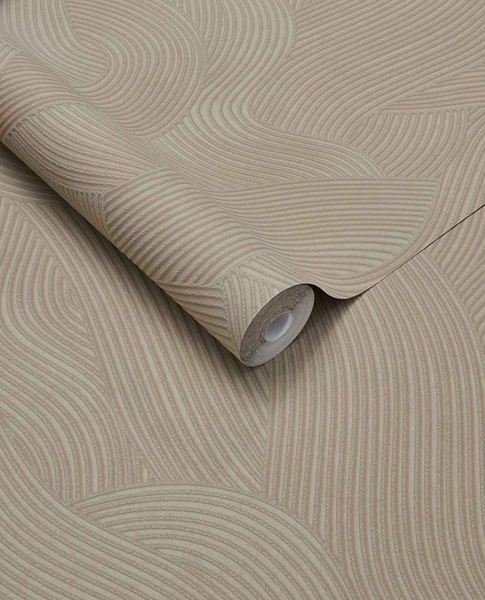 Raked Sand wallpaper by Eijffinger in blush taupe, raked-sand combed wave relief texture, rolled product shot