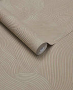 Raked Sand wallpaper by Eijffinger in blush taupe, raked-sand combed wave relief texture, rolled product shot