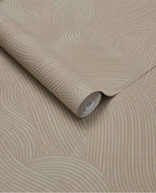 Raked Sand wallpaper by Eijffinger in blush taupe, raked-sand combed wave relief texture, rolled product shot