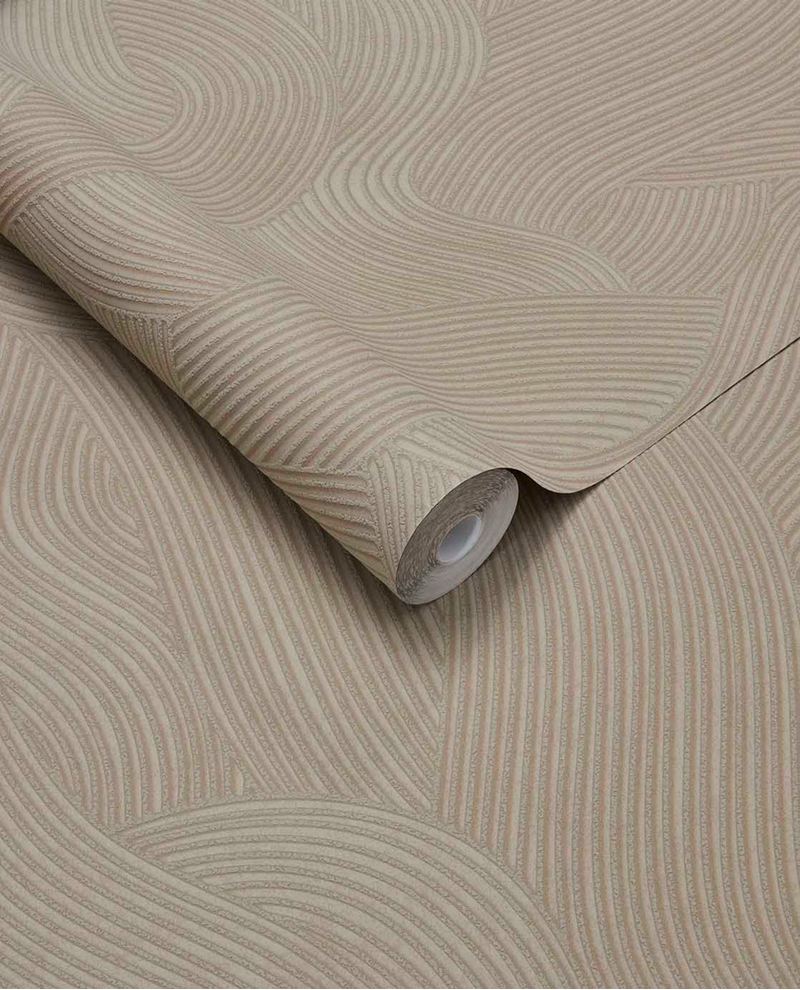 Raked Sand wallpaper by Eijffinger in blush taupe, raked-sand combed wave relief texture, rolled product shot