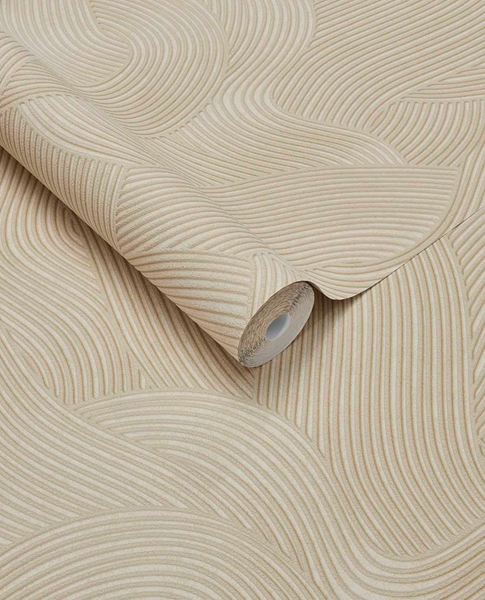 Raked Sand wallpaper by Eijffinger in warm golden sand, raked-sand combed wave relief texture, rolled product shot