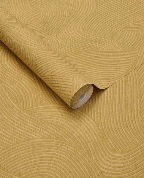 Raked Sand wallpaper by Eijffinger in mustard ochre, raked-sand combed wave relief texture, rolled product shot