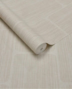 Woven Grid wallpaper by Eijffinger in soft cream, grasscloth weave with grid panel outlines, rolled product shot