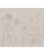 Wildflower Meadow wall mural by Eijffinger, delicate line-drawn meadow flowers on a muted greige plaster background
