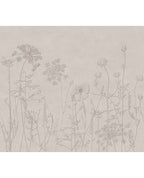 Wildflower Meadow wall mural by Eijffinger, delicate line-drawn meadow flowers on a muted greige plaster background