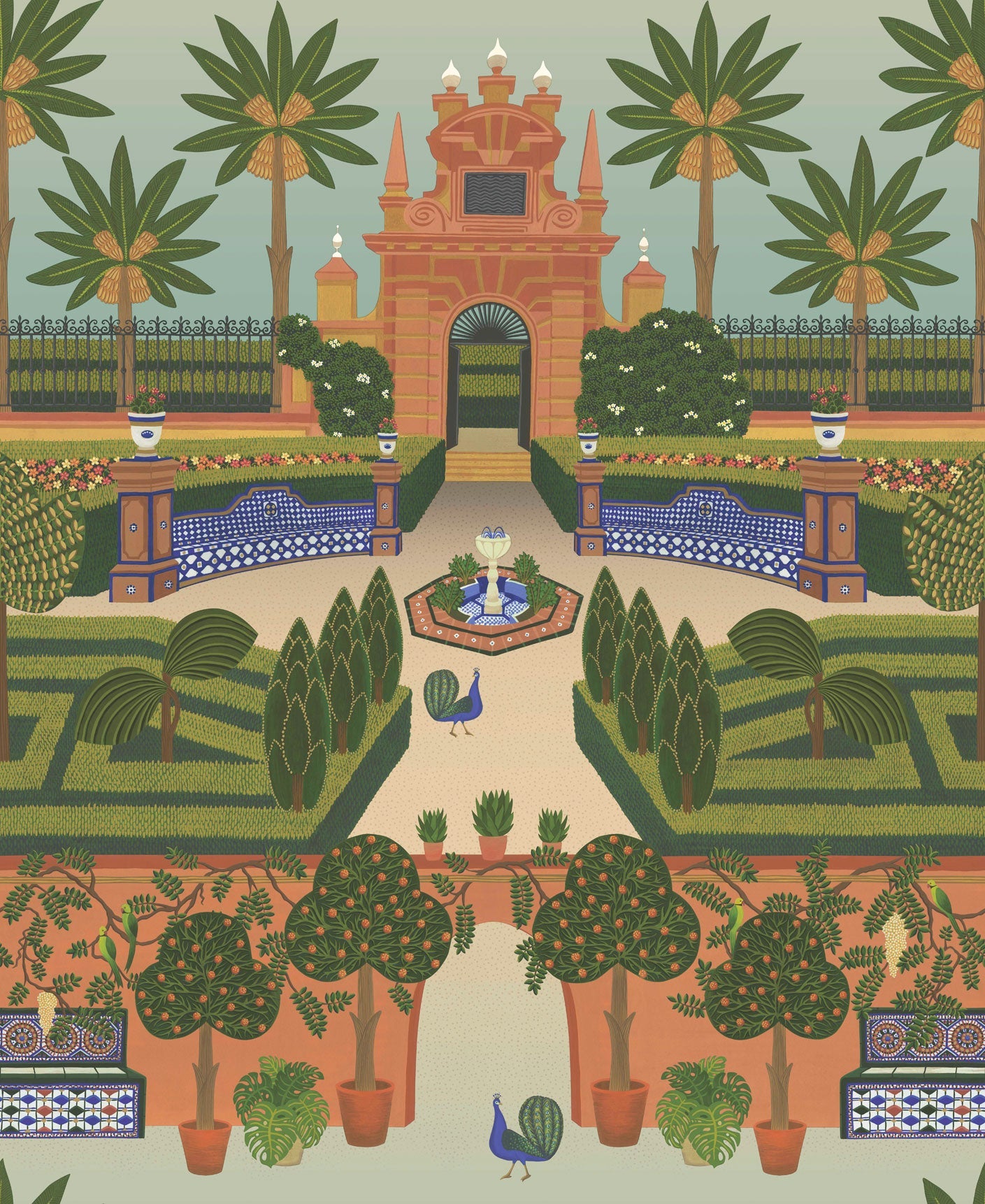 Alcazar Gardens - Terracotta & Green - Wallpaper Trader