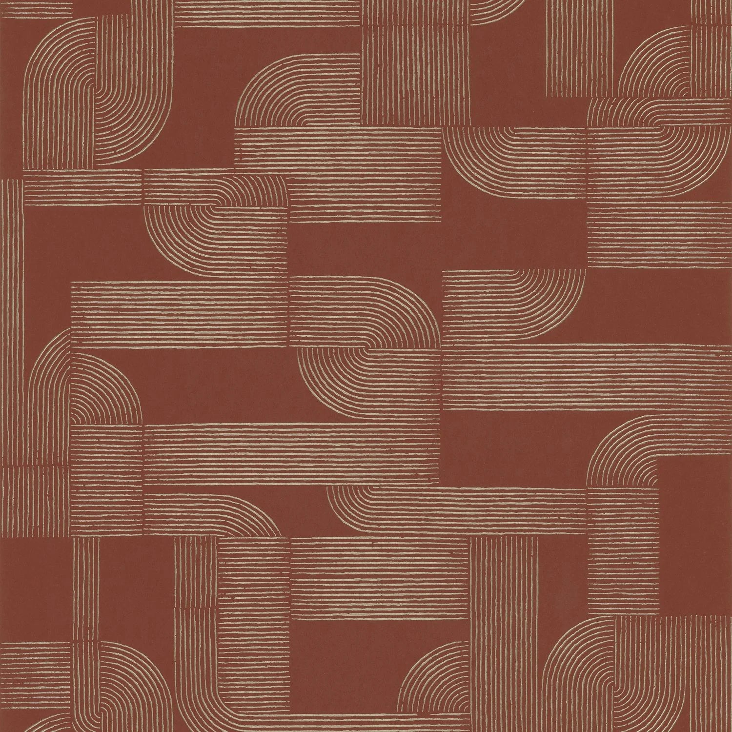 Hector wallpaper by Casamance in terracotta, flat swatch of the looping Art Deco lines in cream on rust