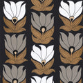Dauphine wallpaper by Casamance, flat swatch of tulip motifs in white, grey and gold on black