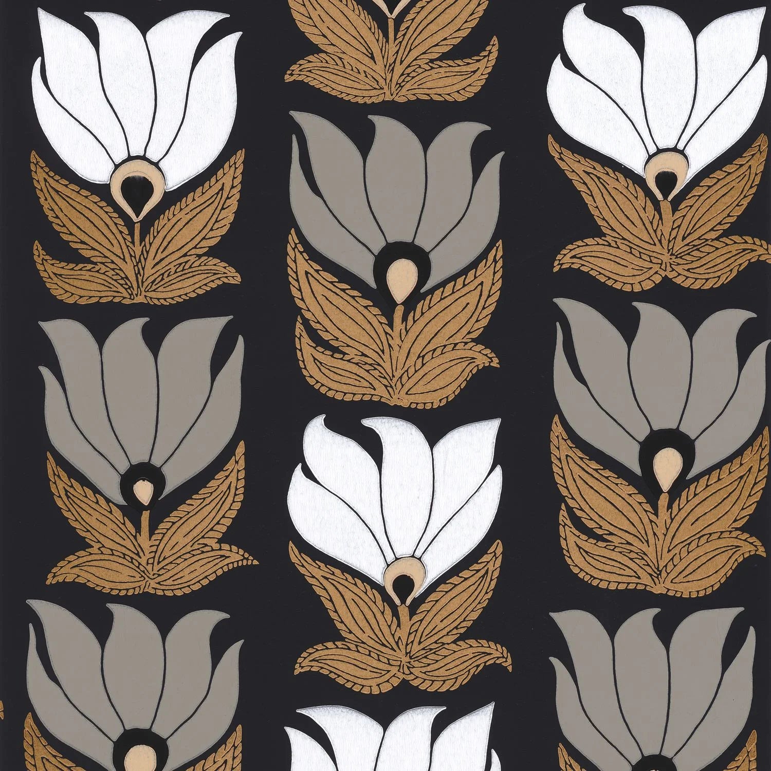 Dauphine wallpaper by Casamance, flat swatch of tulip motifs in white, grey and gold on black