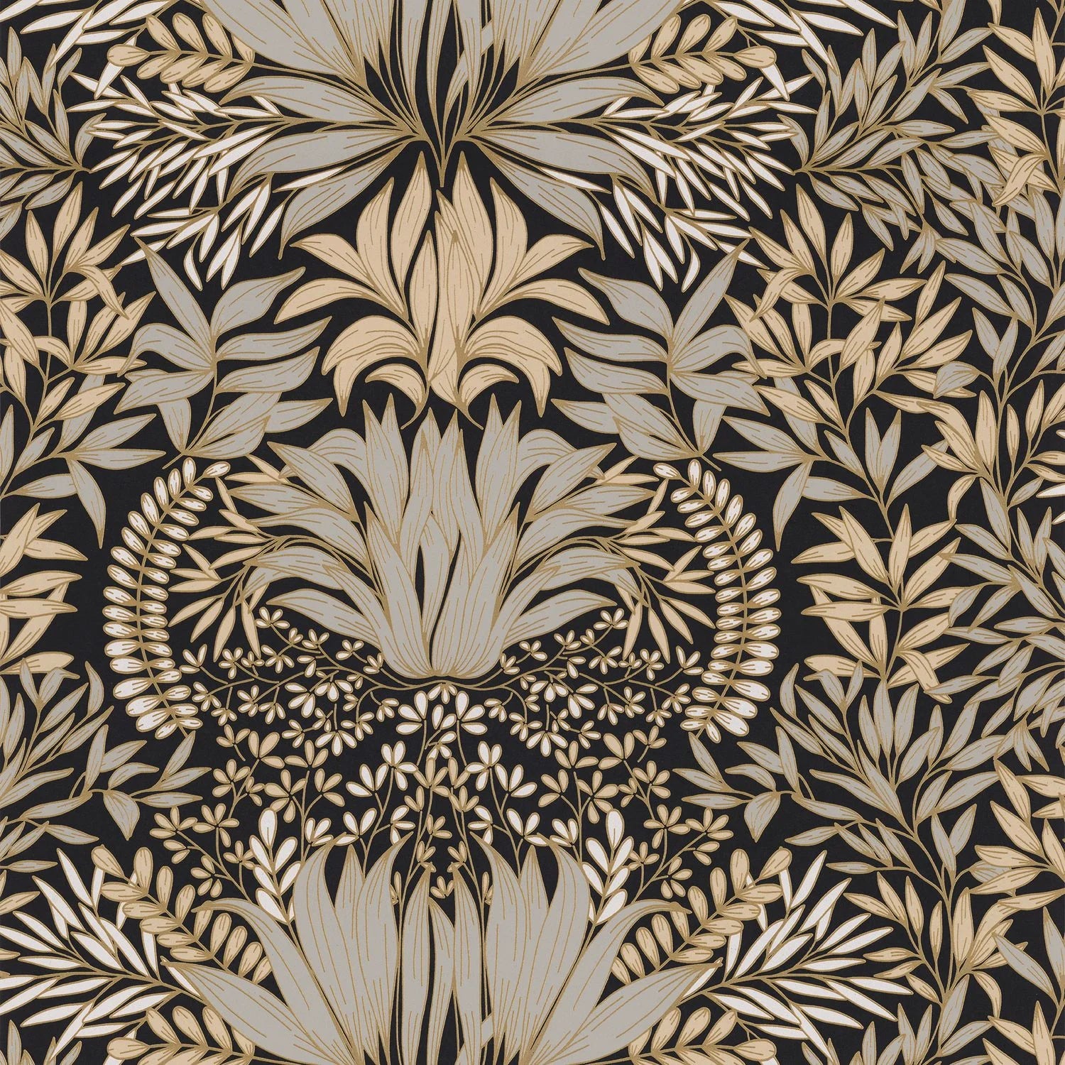 Chardon Floral wallpaper by Casamance, flat swatch of the thistle damask in grey and gold on black