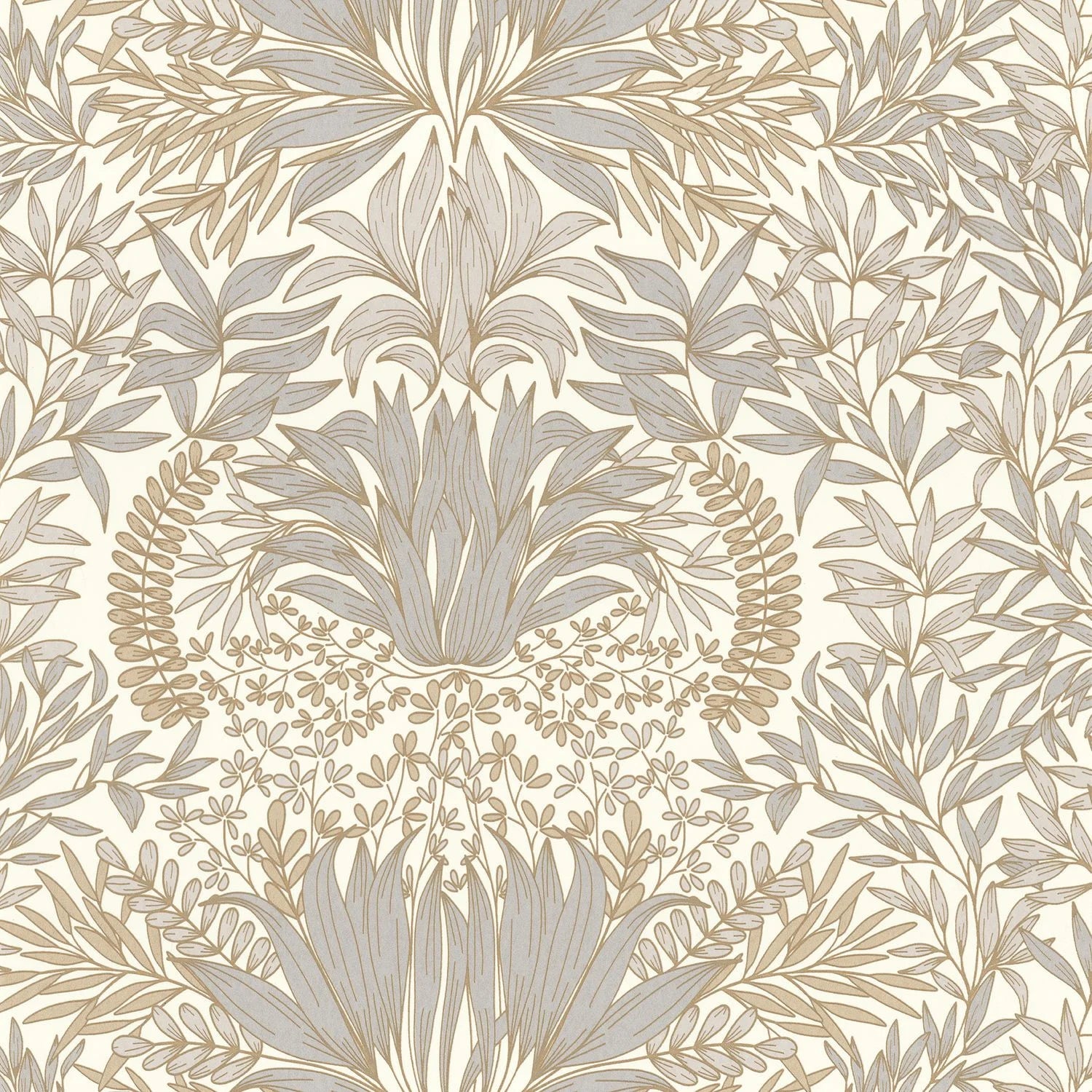 Chardon Floral wallpaper by Casamance, flat swatch of the thistle damask in soft grey and tan on cream
