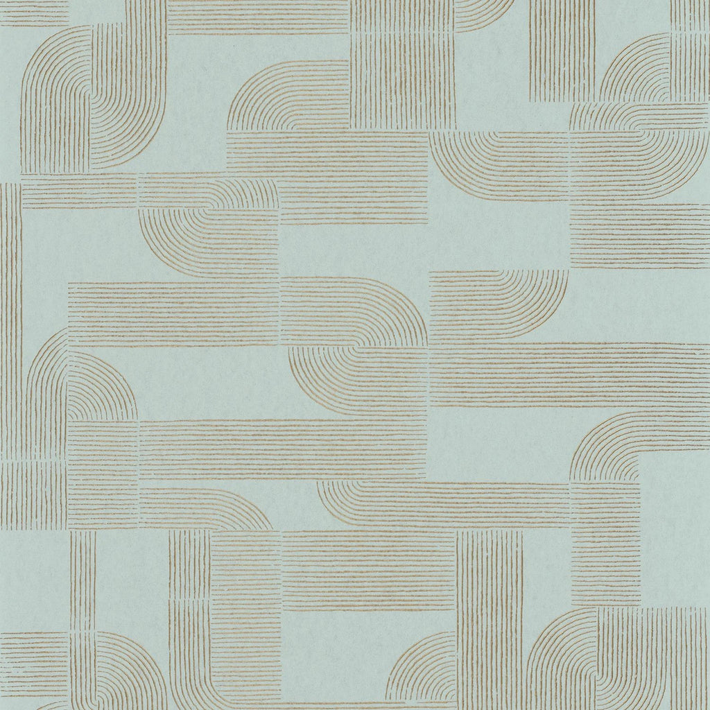 Hector wallpaper by Casamance in sage green, flat swatch of the gold Art Deco curved-line repeat