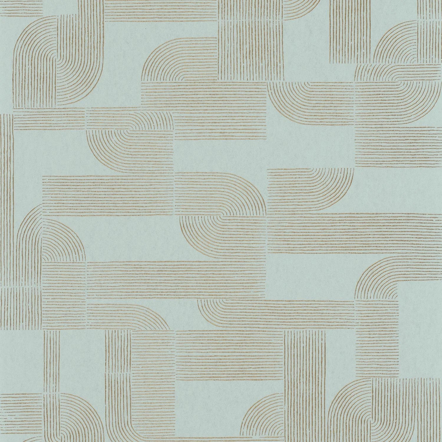 Hector wallpaper by Casamance in sage green, flat swatch of the gold Art Deco curved-line repeat