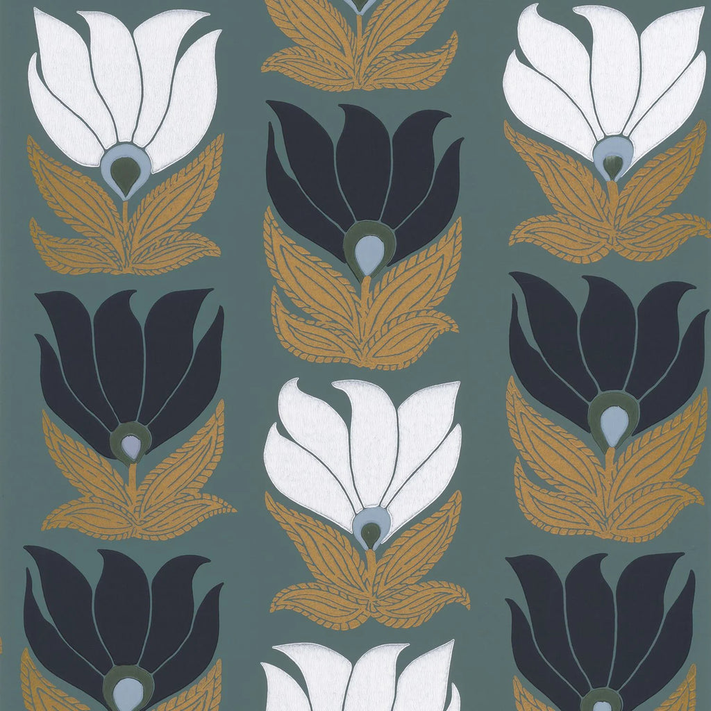 Dauphine wallpaper by Casamance, flat swatch of repeating tulip motifs in white, navy and gold on teal green