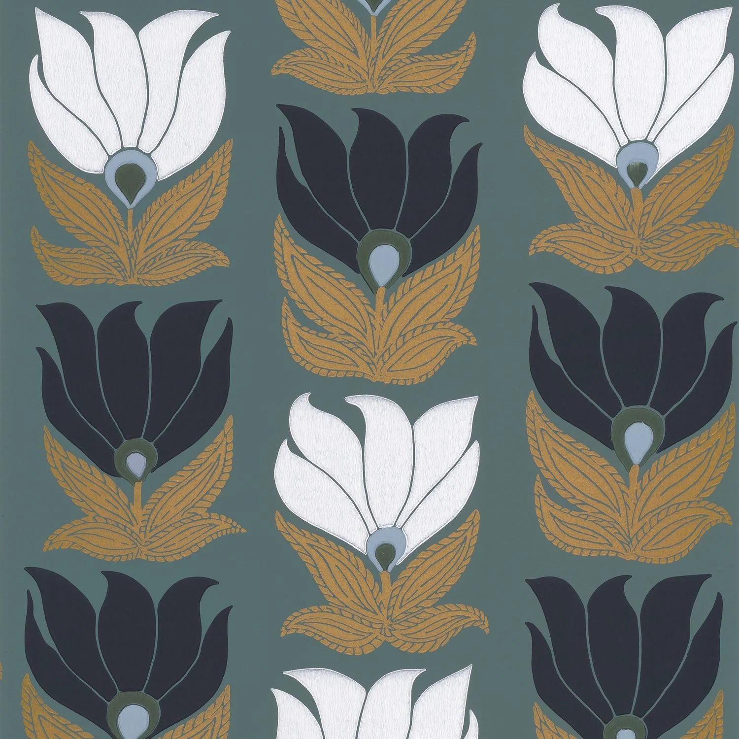 Dauphine wallpaper by Casamance, flat swatch of repeating tulip motifs in white, navy and gold on teal green