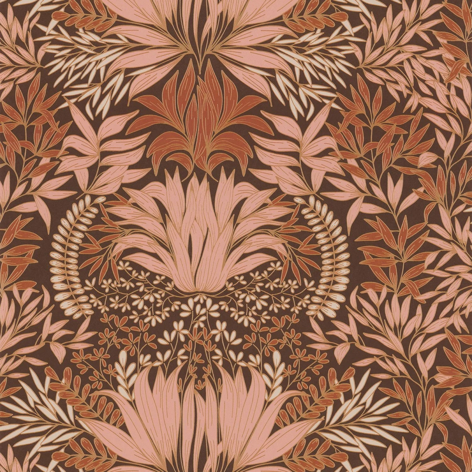 Chardon Floral wallpaper by Casamance, flat swatch of the thistle damask in pink and rust on chocolate brown