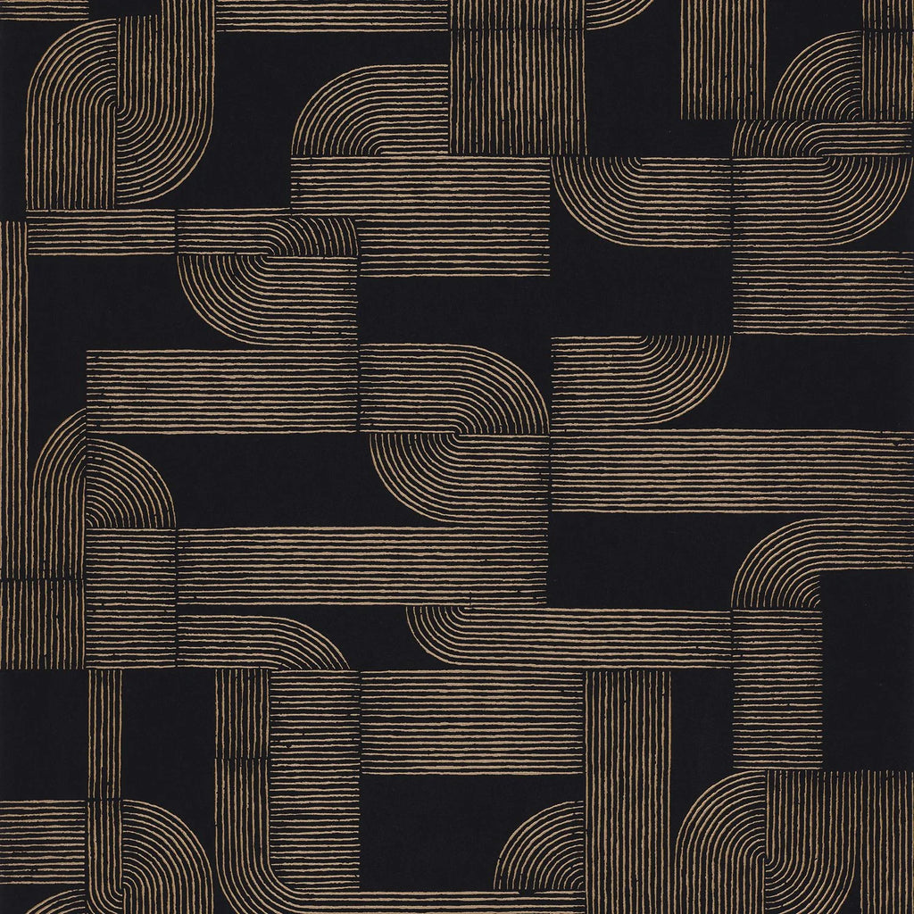 Hector wallpaper by Casamance, flat swatch of interlocking Art Deco curved lines in bronze on black