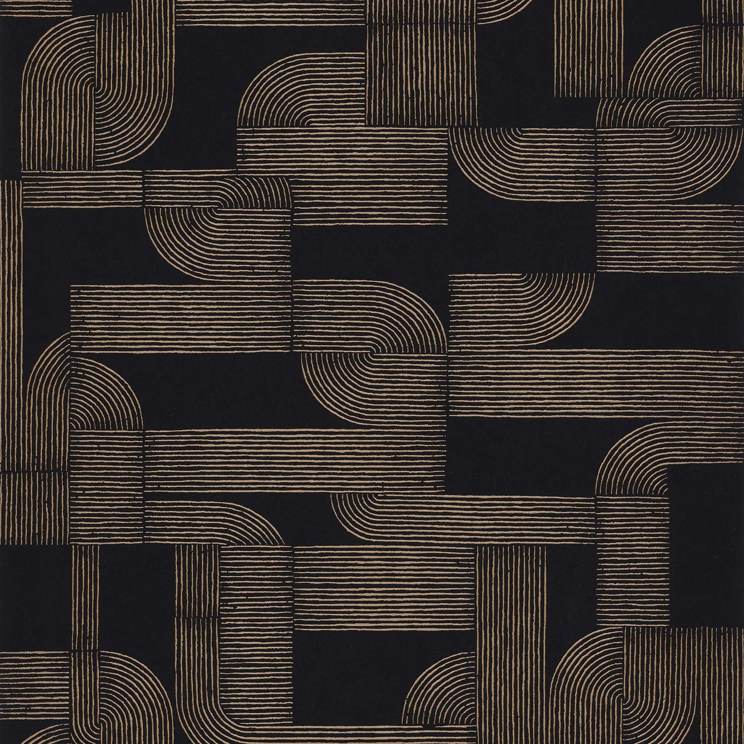 Hector wallpaper by Casamance, flat swatch of interlocking Art Deco curved lines in bronze on black