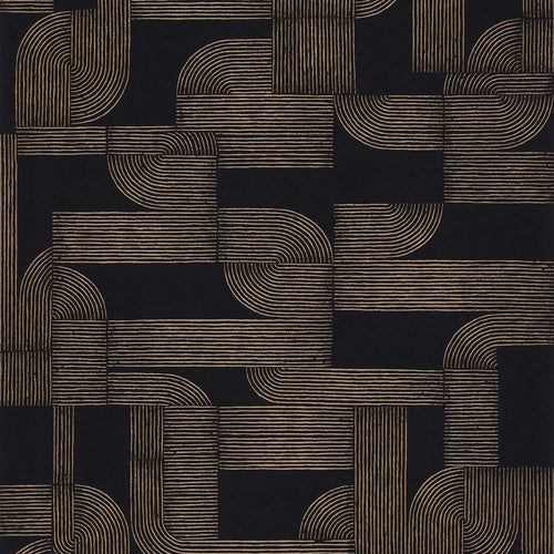Hector wallpaper by Casamance, flat swatch of interlocking Art Deco curved lines in bronze on black