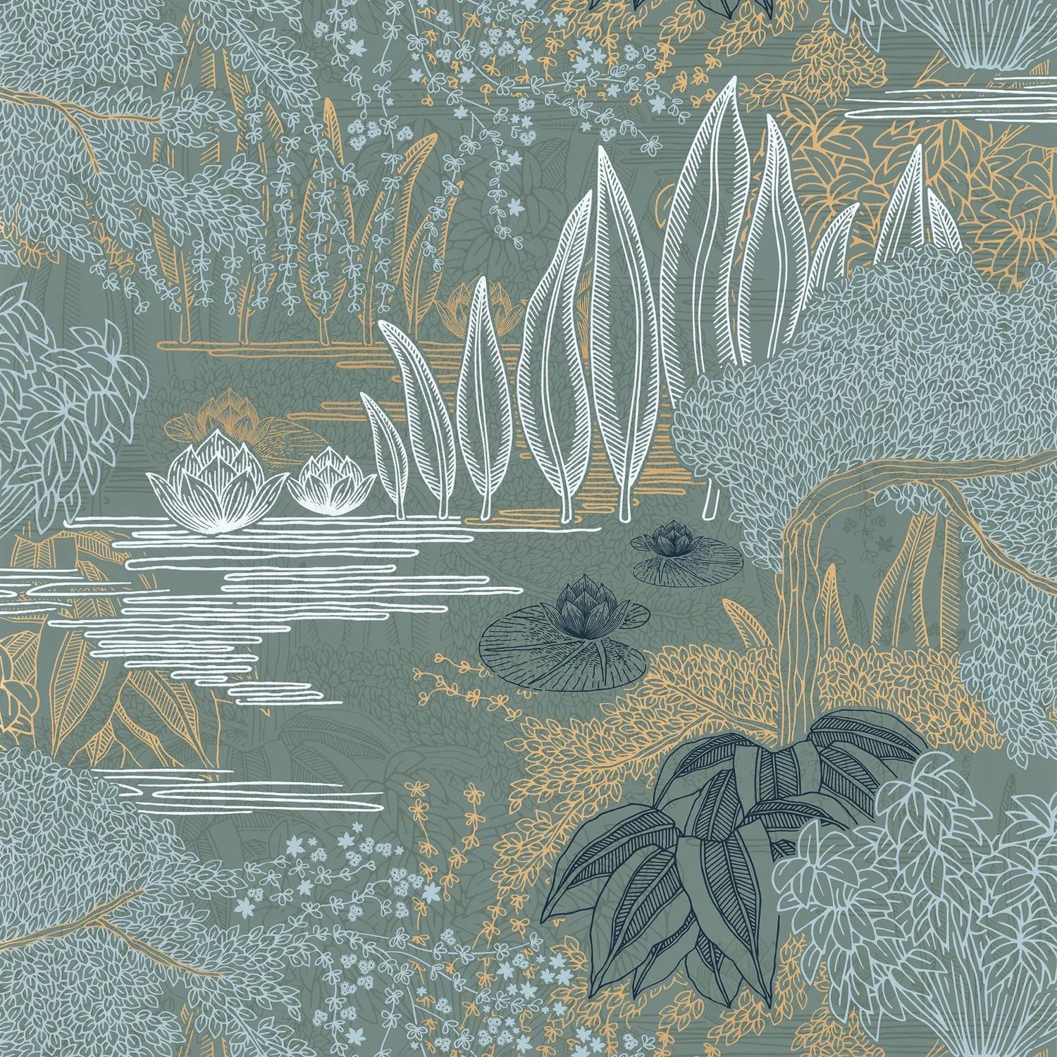 Jasmin Floral wallpaper by Casamance, flat swatch of the lily-pond design in sage green with gold and white linework
