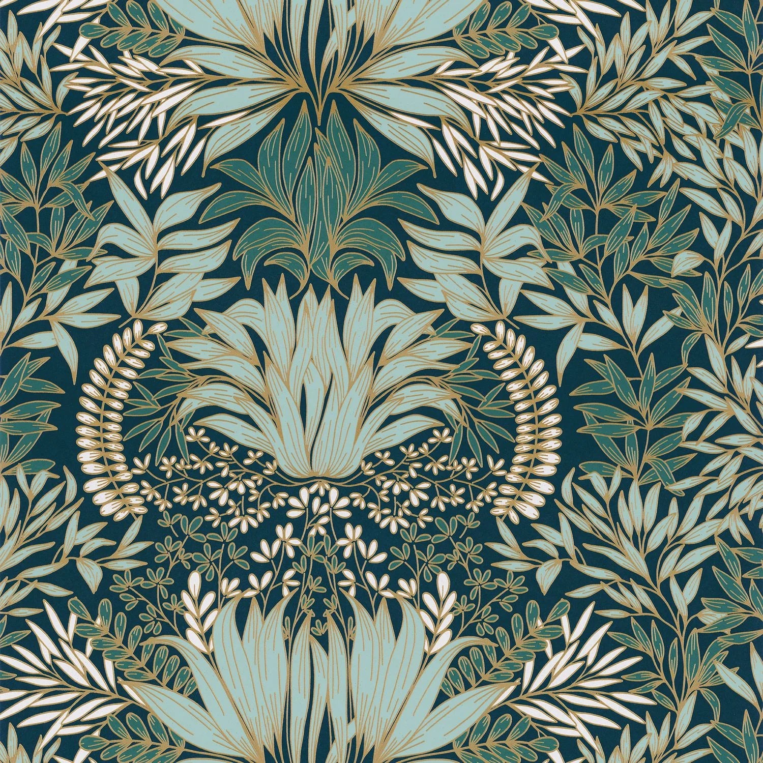 Chardon Floral wallpaper by Casamance, flat swatch of the thistle damask in mint, teal and gold on navy