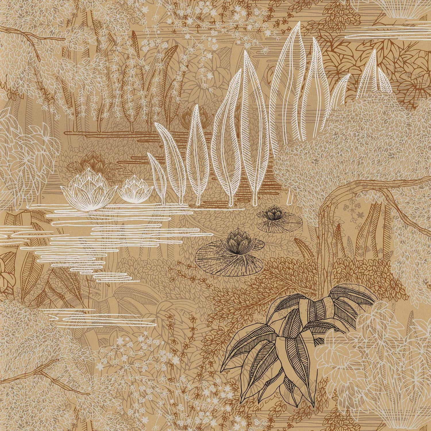Jasmin Floral wallpaper by Casamance, flat swatch of the lily-pond and foliage design in warm ochre and tan
