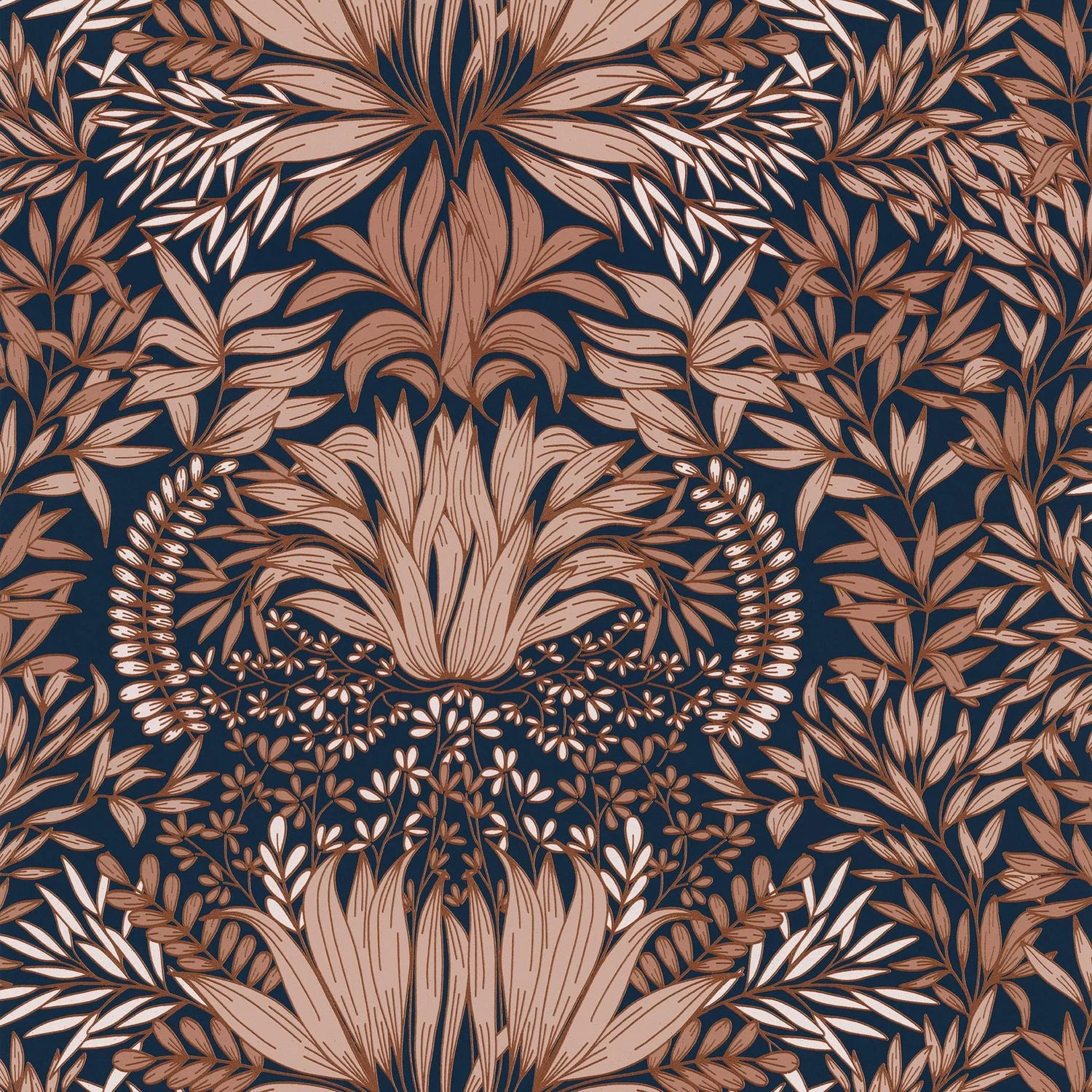 Chardon Floral wallpaper by Casamance, flat swatch of the thistle damask in blush and rust on deep navy