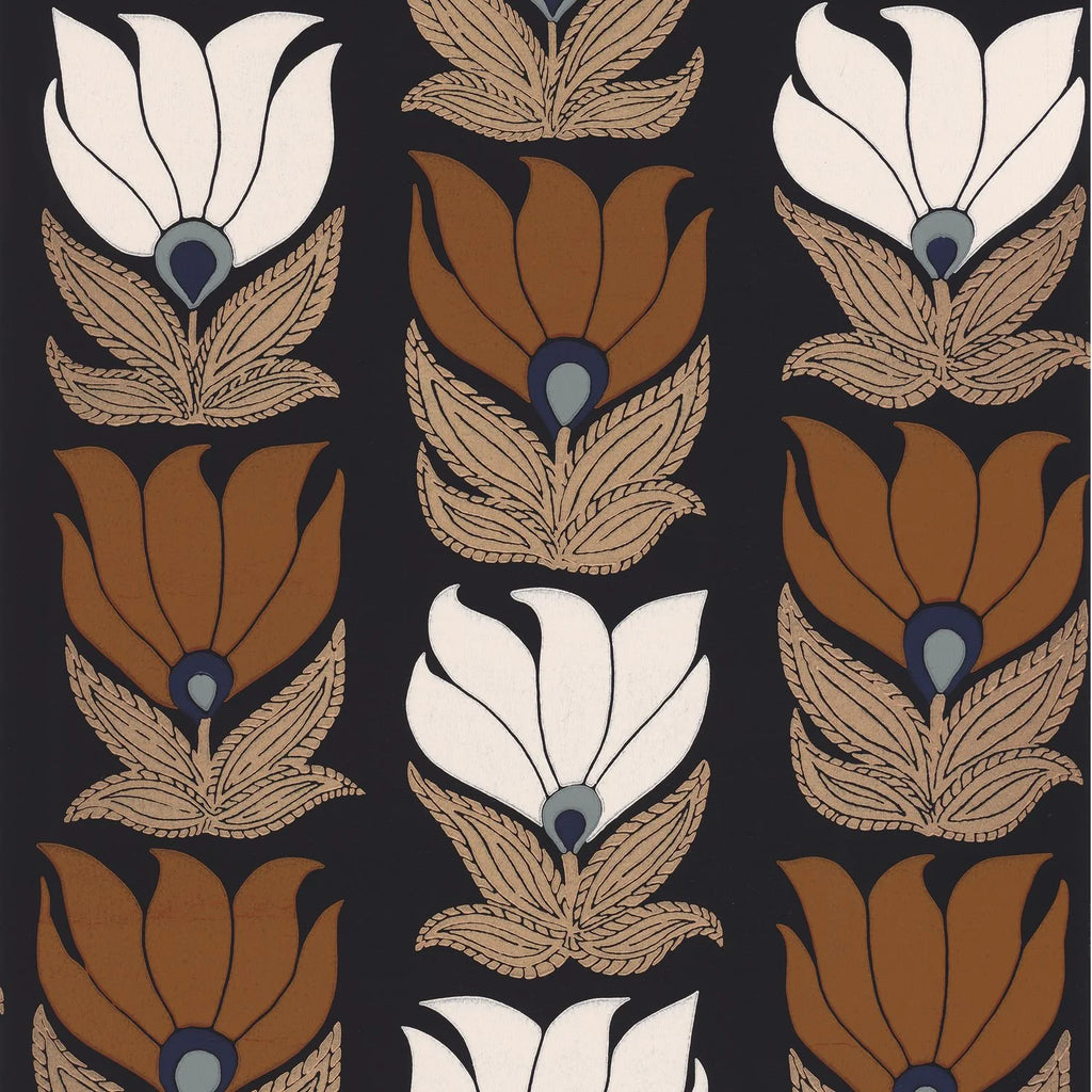 Dauphine wallpaper by Casamance, flat swatch of tulip flowers in white, rust and tan on a near-black ground