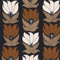 Dauphine wallpaper by Casamance, flat swatch of tulip flowers in white, rust and tan on a near-black ground
