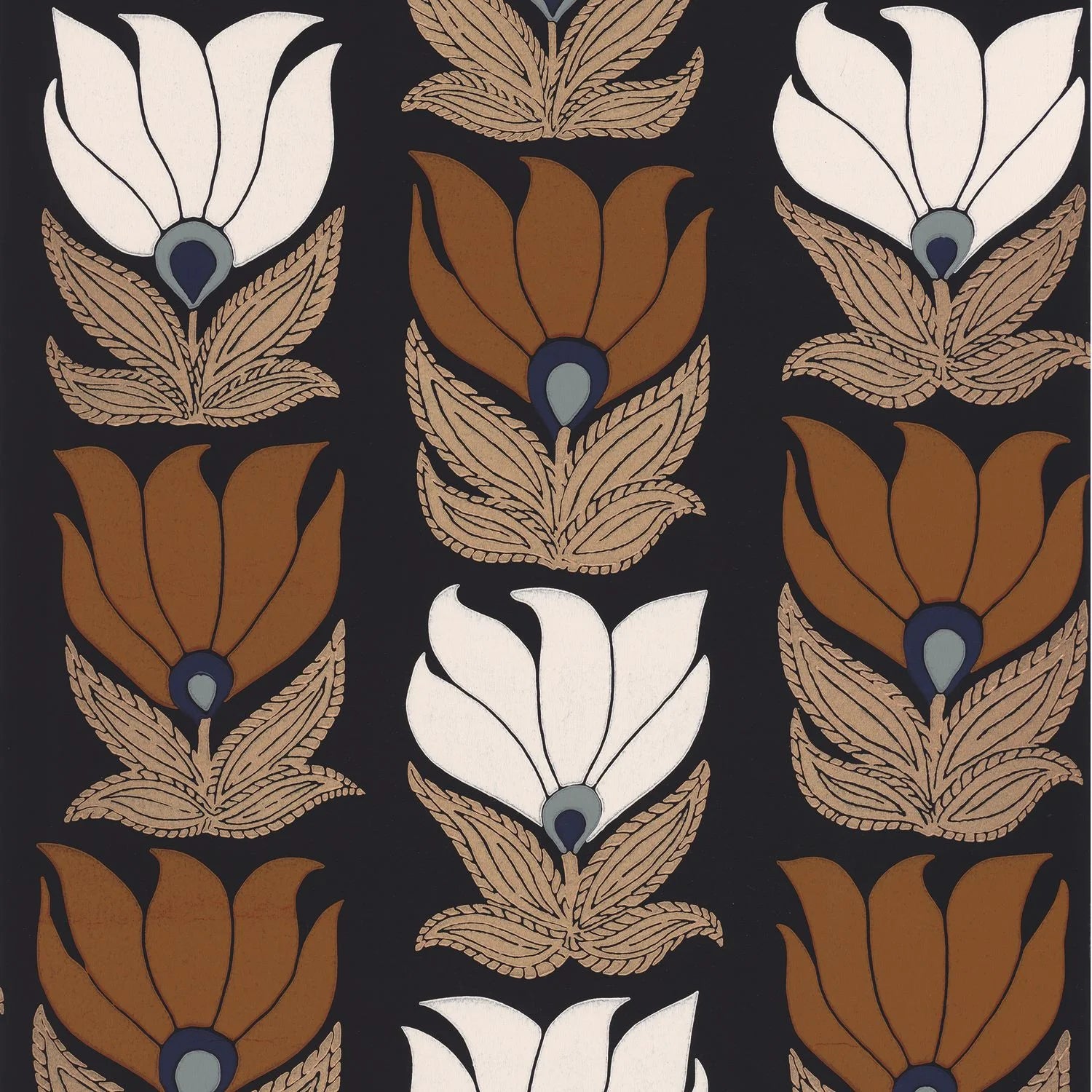 Dauphine wallpaper by Casamance, flat swatch of tulip flowers in white, rust and tan on a near-black ground