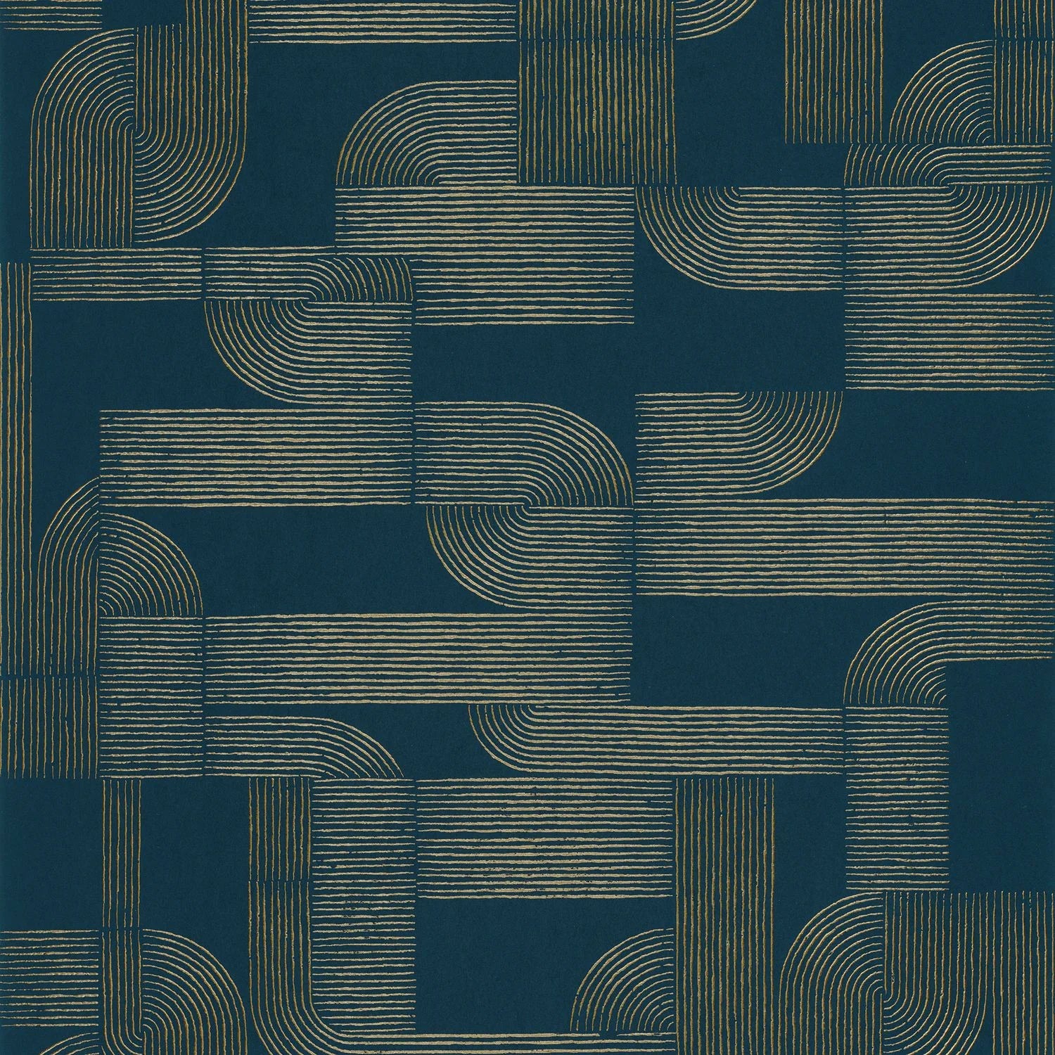 Hector wallpaper by Casamance in teal blue and gold, flat swatch of the interlocking Art Deco arches