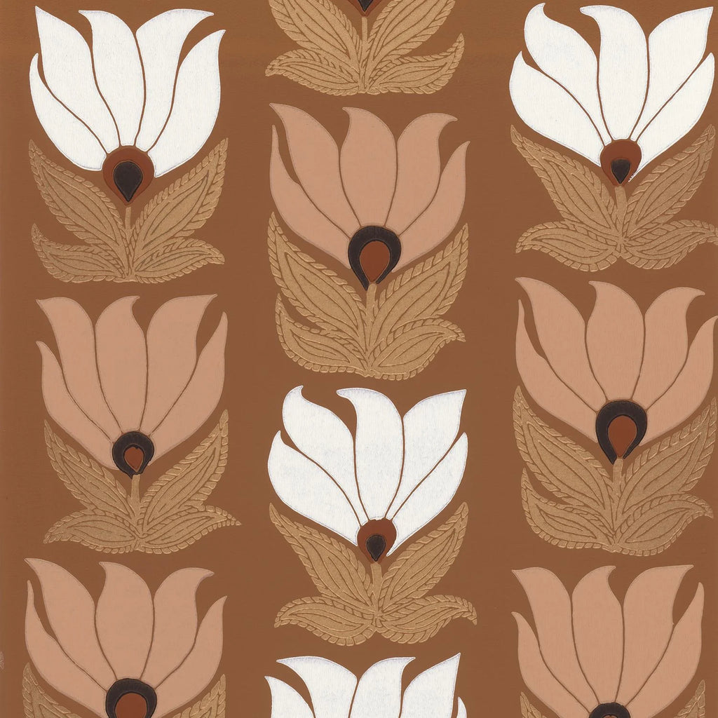 Dauphine wallpaper by Casamance, flat swatch of stylised tulips in white and blush on a rust-brown ground