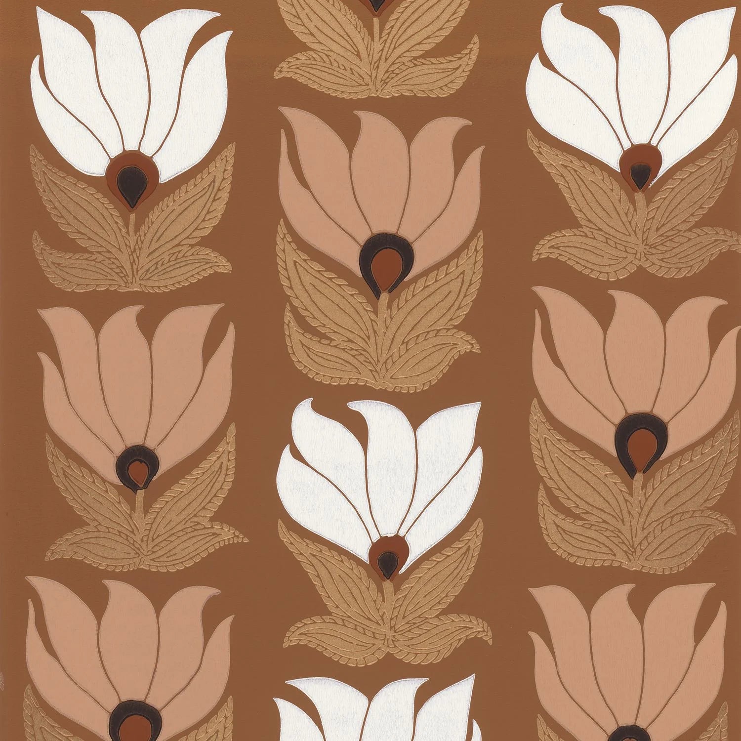 Dauphine wallpaper by Casamance, flat swatch of stylised tulips in white and blush on a rust-brown ground