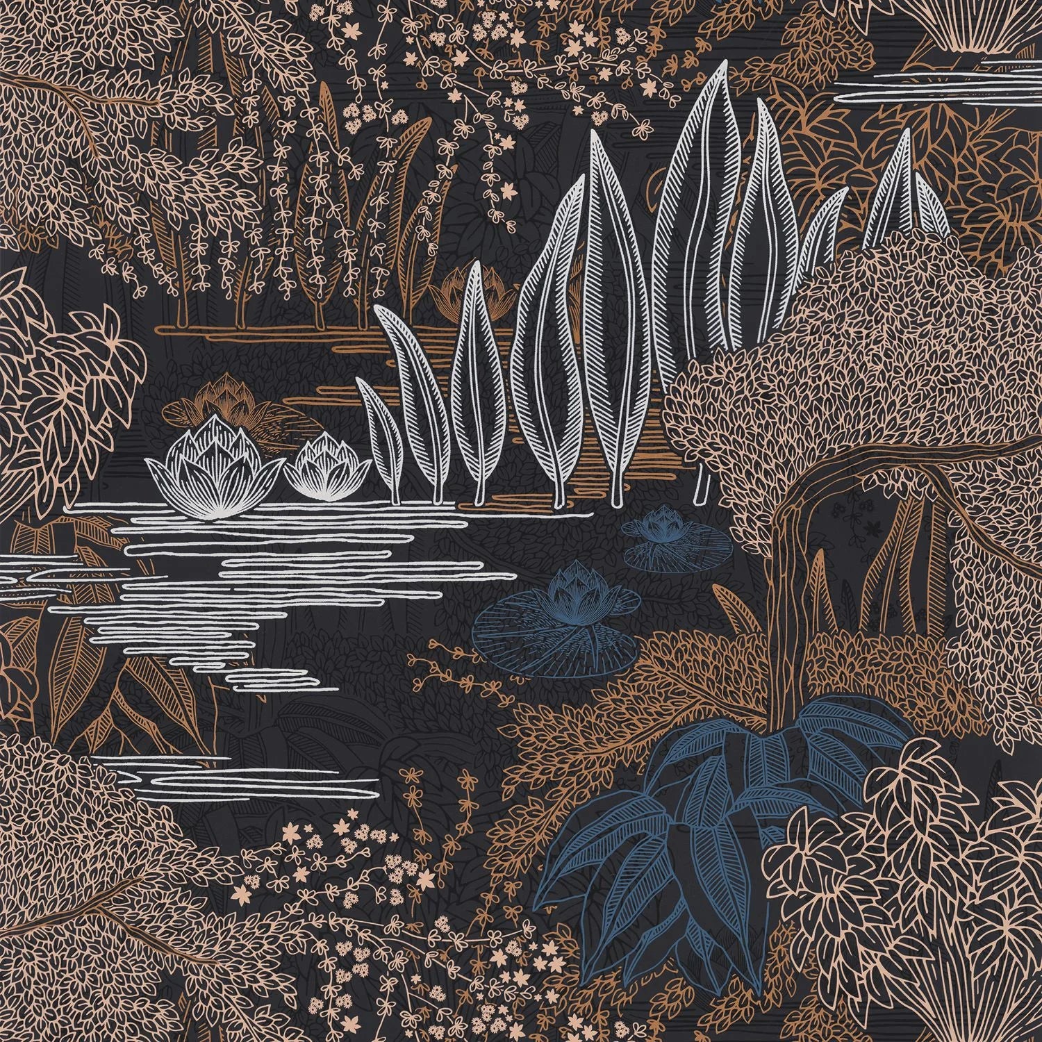 Jasmin Floral wallpaper by Casamance, flat swatch of the lily-pond design on a charcoal ground with copper and blue accents