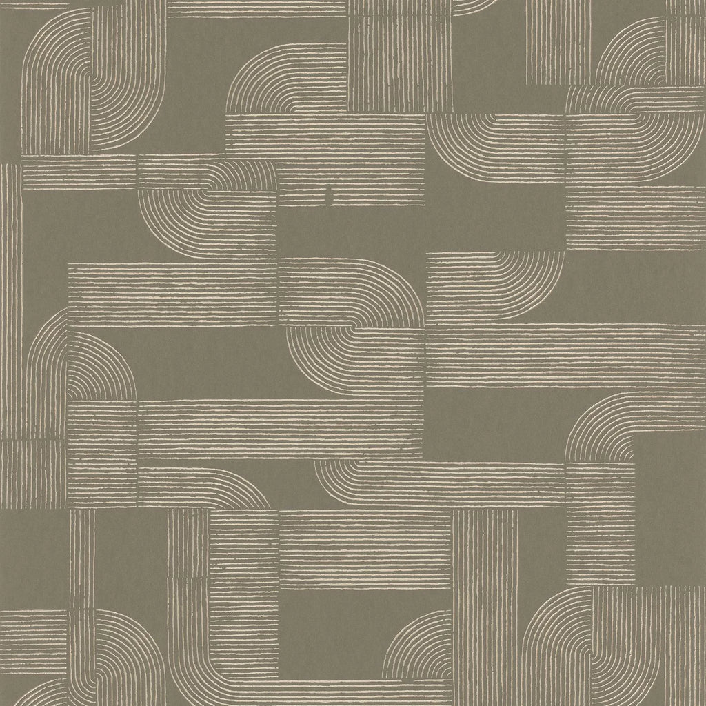 Hector wallpaper by Casamance in khaki, flat swatch of the tonal Deco line motif in muted taupe-green