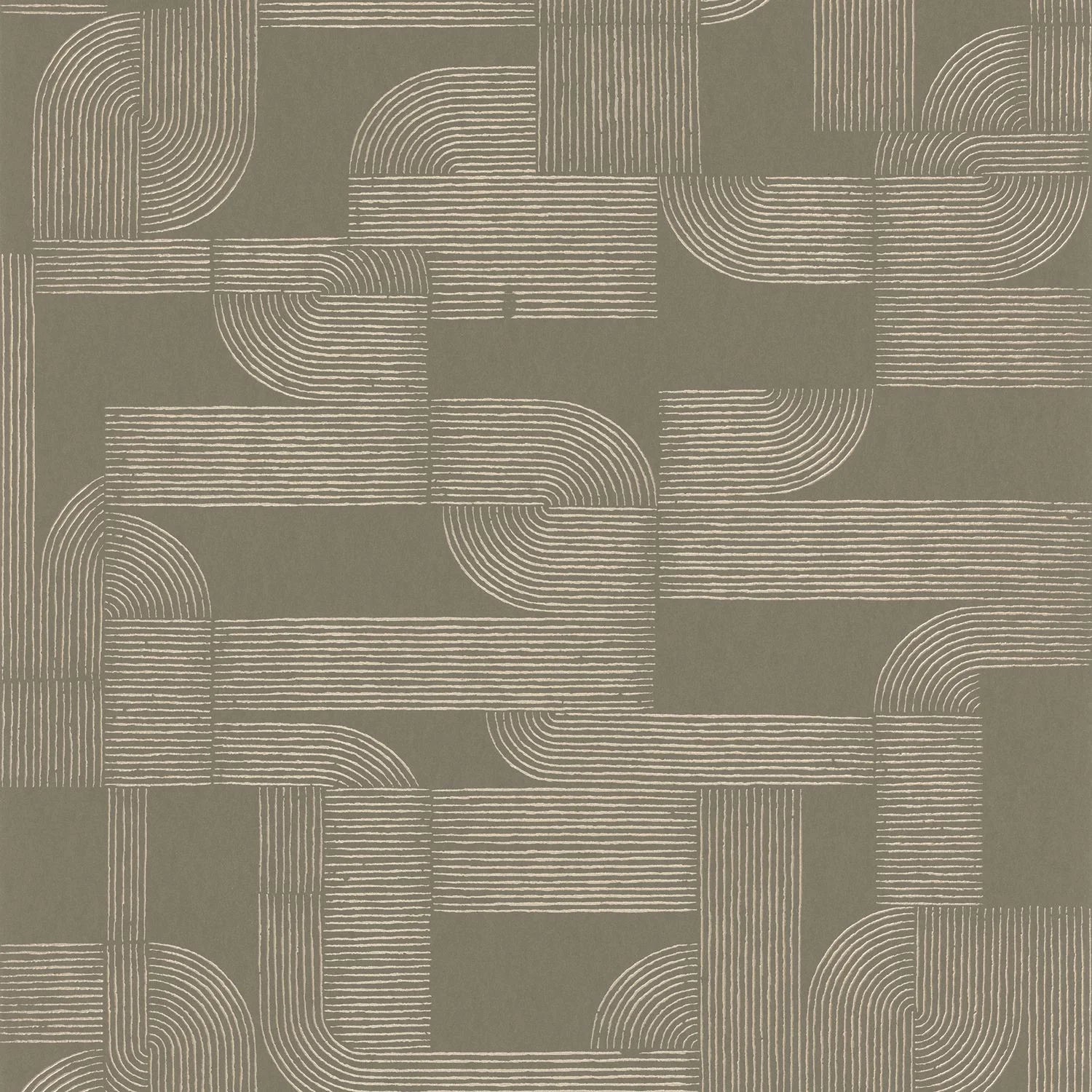 Hector wallpaper by Casamance in khaki, flat swatch of the tonal Deco line motif in muted taupe-green