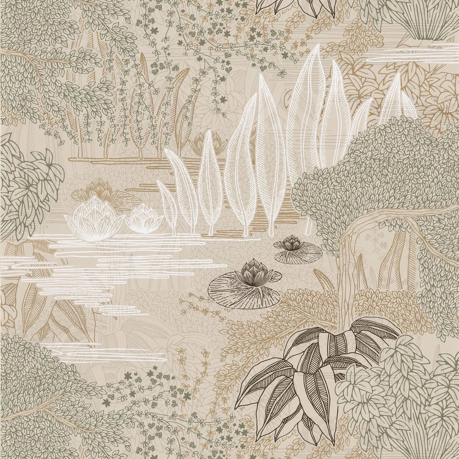 Jasmin Floral wallpaper by Casamance, flat swatch of a hand-drawn lily pond and reeds in soft beige and taupe tones