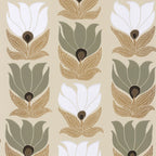Dauphine wallpaper by Casamance, flat swatch of stylised tulip flowers in white and sage green on a sand background