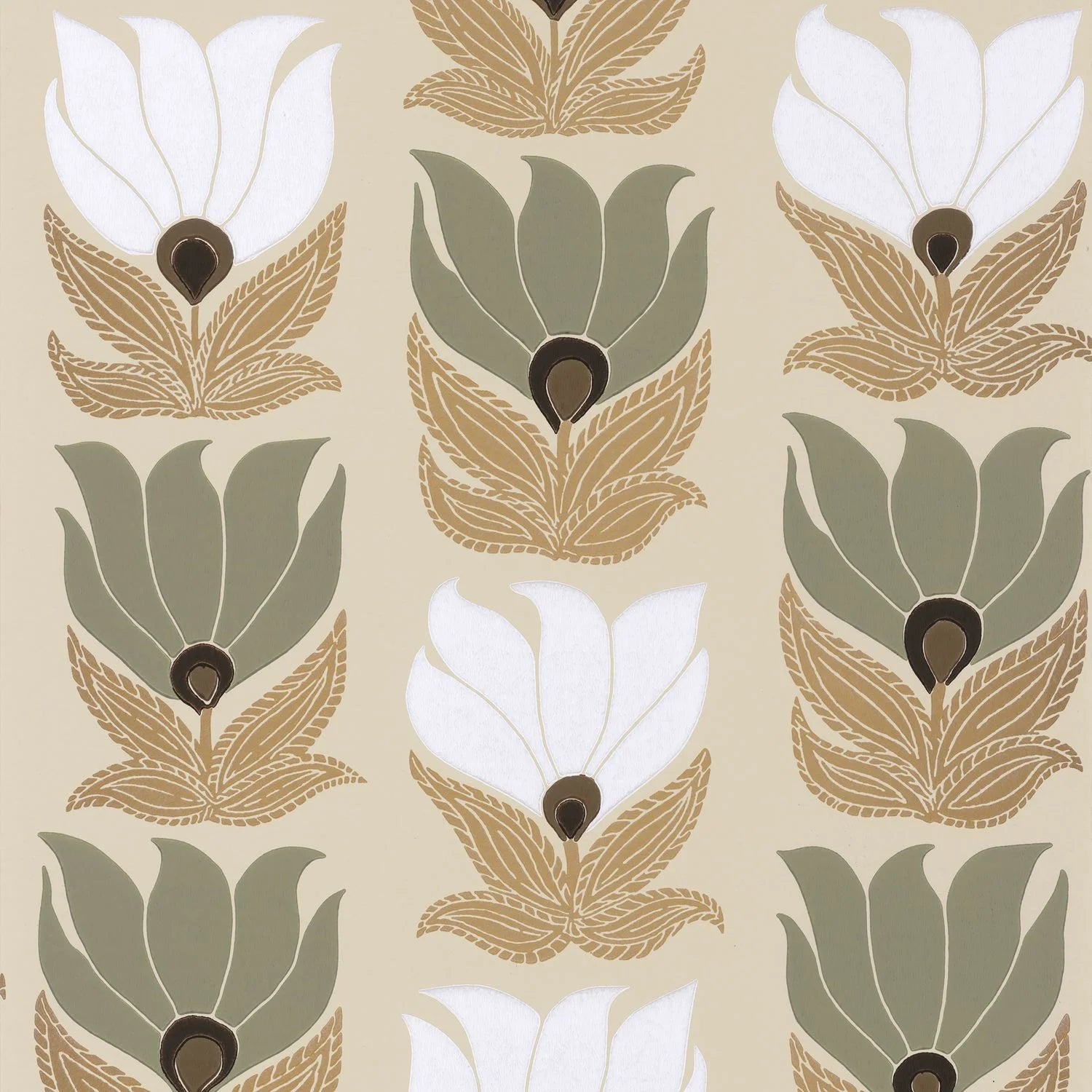 Dauphine wallpaper by Casamance, flat swatch of stylised tulip flowers in white and sage green on a sand background
