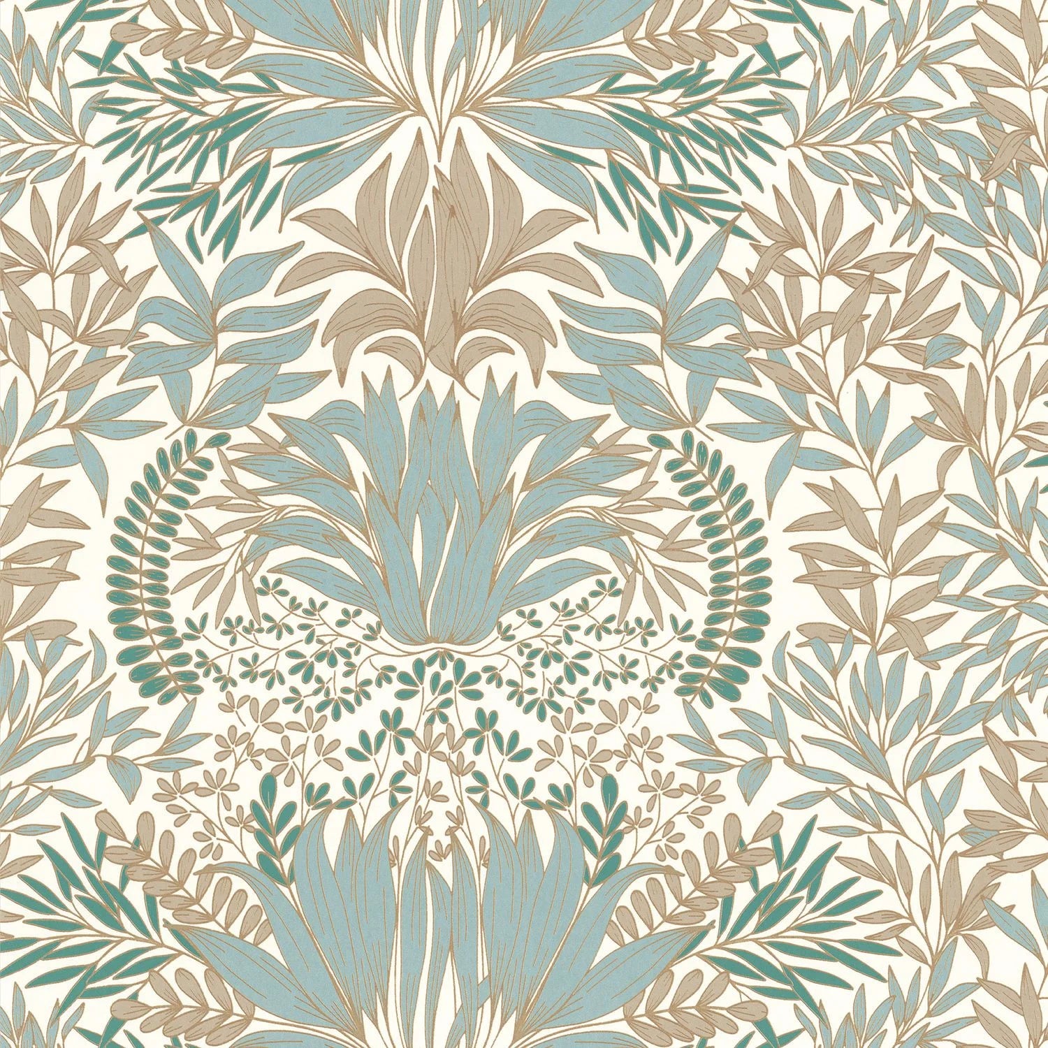 Chardon Floral wallpaper by Casamance, flat swatch of a symmetrical thistle-and-leaf damask in sage, teal and tan on cream