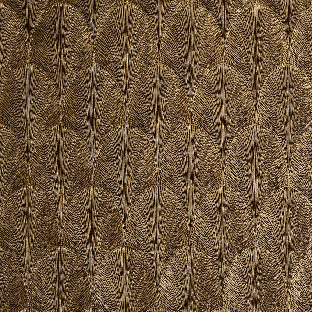 Close-up of Tourmaline Gold wallpaper by Casamance, scalloped Art Deco fan pattern in metallic golden brown tones